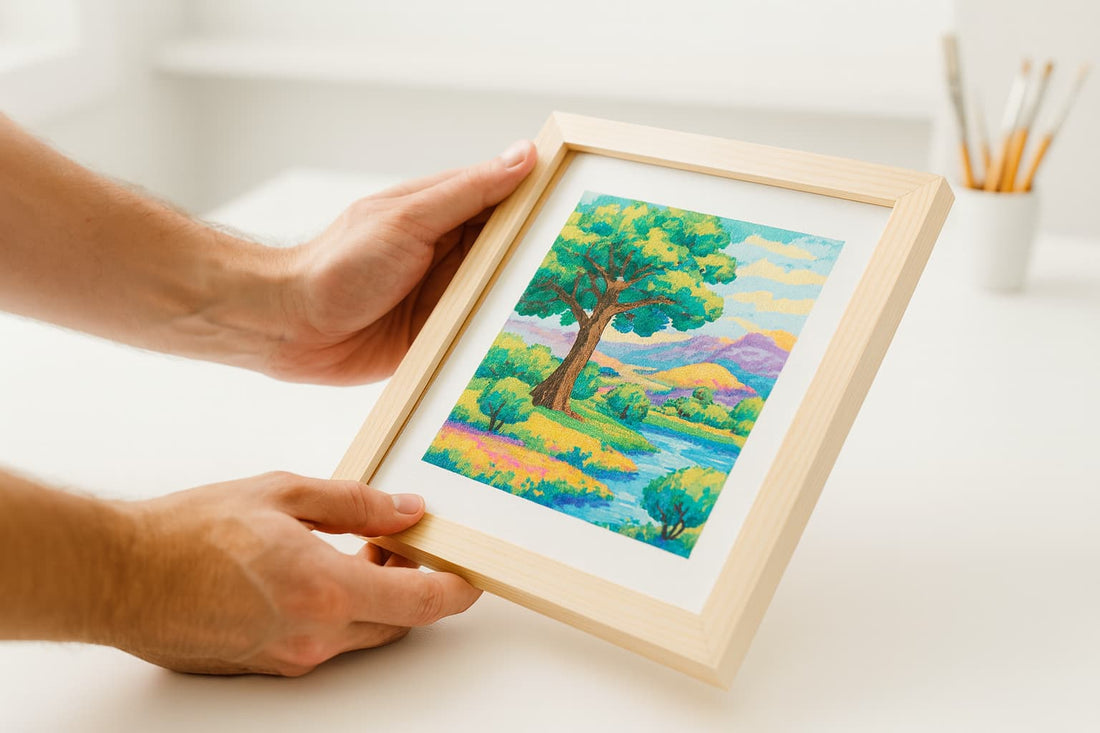 Close-up of a pair of hands carefully fitting a completed, colorful paint-by-numbers canvas into a light natural-wood frame on a clean, bright artist’s workspace.