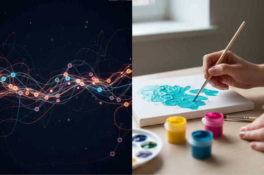 Split composition image showing glowing neural pathways on the left and a close-up of hands painting a paint by numbers canvas with vibrant acrylic colors on the right, symbolizing brain activity and creative engagement.