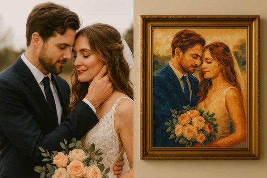 Side by side comparison of a wedding couple photo and the finished custom paint by numbers canvas portrait with floral bouquet
