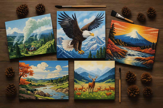 Flat lay of five national park paint by numbers canvases with brushes and pinecones on a wooden background.