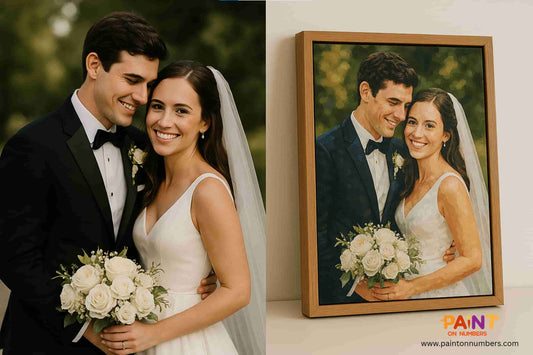 Before-and-after diptych showing a wedding photo of a couple on the left and the same image transformed into a completed paint by numbers canvas in a wooden frame on the right.