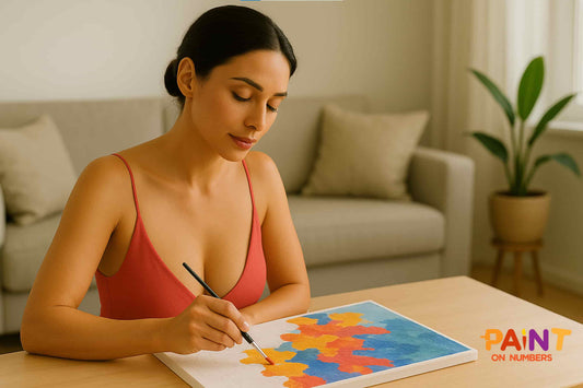 A young woman in a pink sleeveless deep neck top painting a colorful paint-by-numbers canvas at a wooden table in a bright, minimalist living room, with natural daylight creating a calm and serene atmosphere.