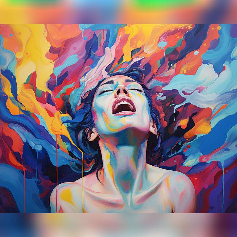 Paint by numbers kit of a colorful abstract woman with expressive face surrounded by vibrant swirling colors.