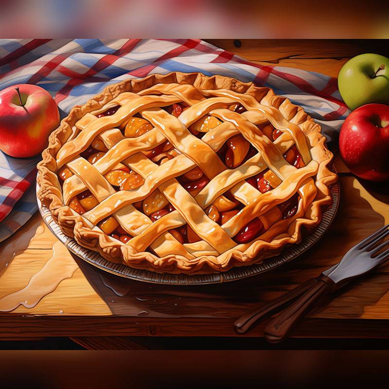 Apple pie paint by numbers kit featuring a golden lattice crust pie on a wooden table with fresh apples, perfect for cozy kitchen art, holiday decor, and Thanksgiving painting projects.