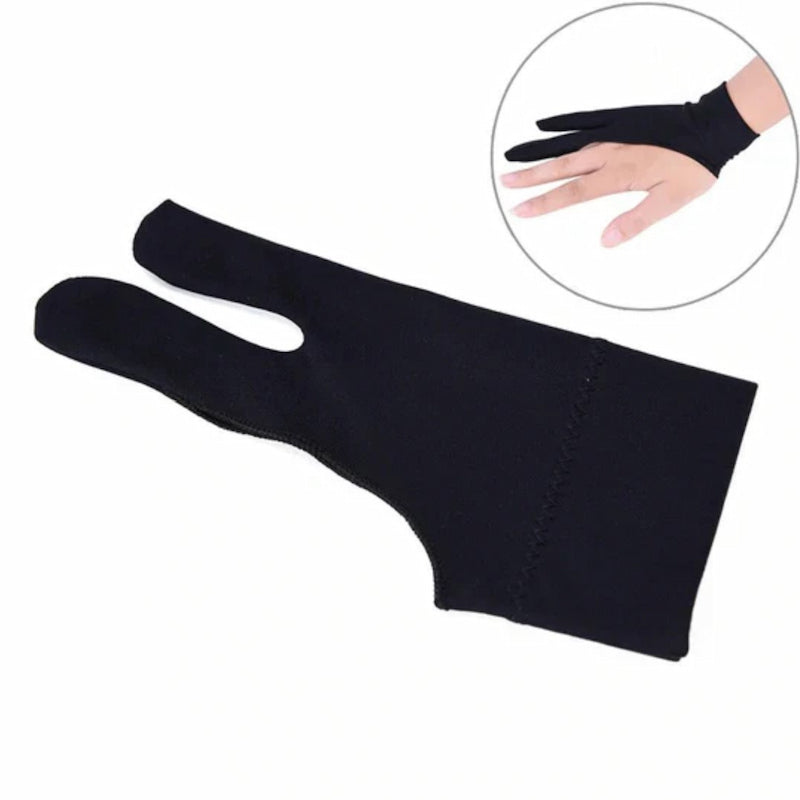 Black glove with a close-up inset showing its fit on a hand.