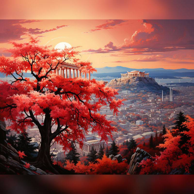 Paint by numbers kit of the Acropolis in Athens at sunset with vibrant red autumn trees, ancient temples, and a panoramic city view, ideal for travel-inspired wall art.