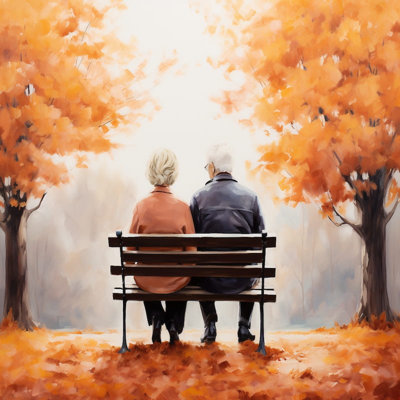 Paint by numbers artwork of an elderly couple sitting on a bench under orange autumn trees, symbolizing love, companionship, and nostalgia