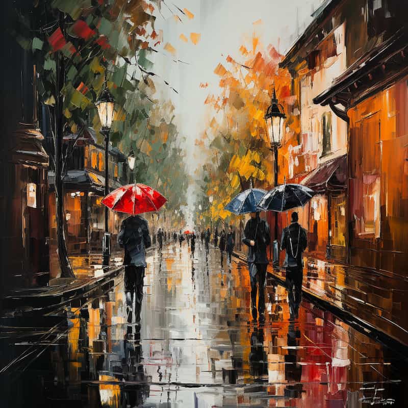 A rainy autumn street scene with glowing street lamps, people walking with umbrellas, and golden leaves reflecting on wet cobblestones.