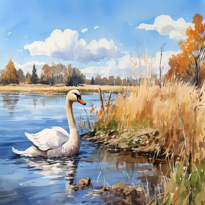Paint by numbers artwork of a graceful white swan gliding across a calm lake surrounded by autumn trees, golden reeds, and a blue sky with soft clouds