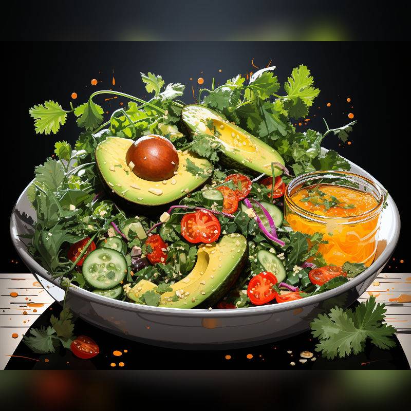Vibrant avocado salad paint by numbers kit with fresh greens, sliced cucumbers, cherry tomatoes, red onion, and a bright orange dressing in a bowl.