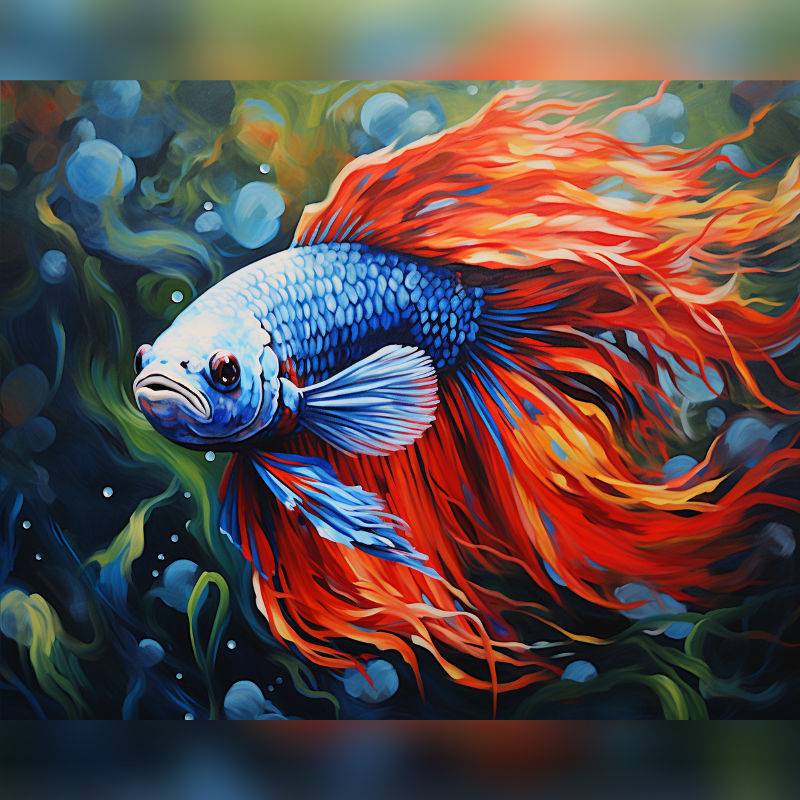 Paint by numbers kit of a vibrant betta fish with blue scales and long red flowing fins swimming underwater with bubbles and plants.