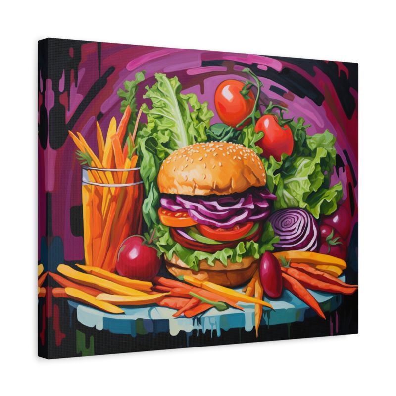 Paint by numbers of a vibrant burger scene with fries, fresh vegetables, and bold colorful background in a modern pop-art style shown in a frame