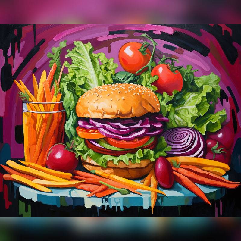 Paint by numbers of a vibrant burger scene with fries, fresh vegetables, and bold colorful background in a modern pop-art style.
