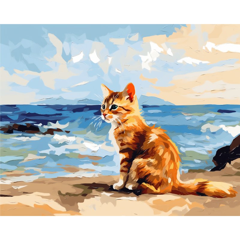 Paint by numbers kit of an orange tabby cat sitting on a sandy beach with the ocean waves and blue sky in the background.