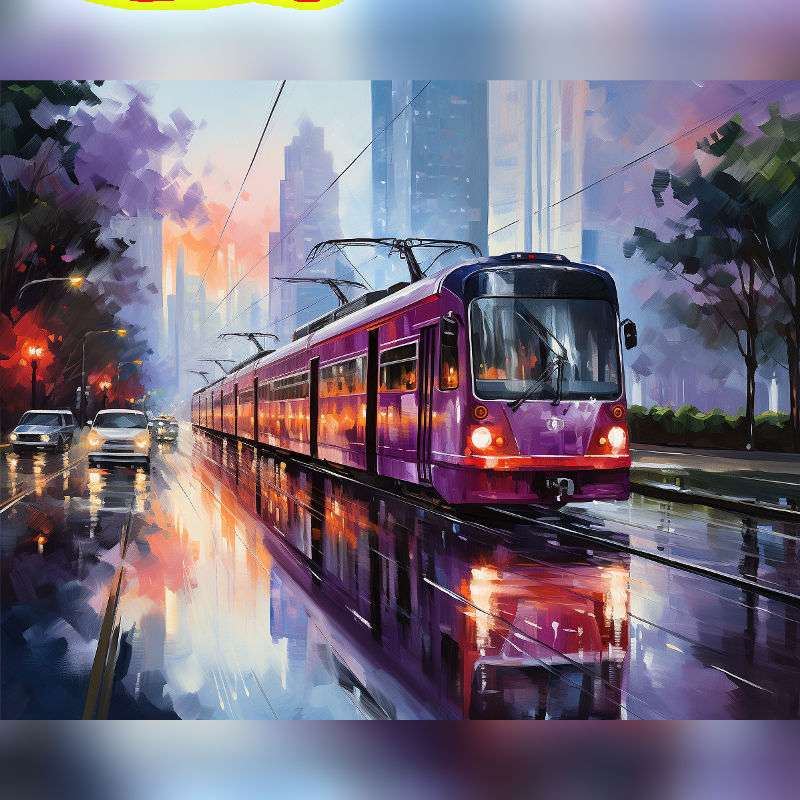 Paint by numbers artwork of a glowing purple tram on a rainy city street with neon reflections, cars, and misty skyscrapers at sunset