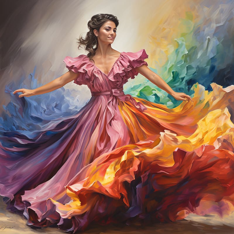 Paint by numbers artwork of a graceful woman in a flowing multicolored dress, dancing with swirling vibrant colors in a dramatic artistic style