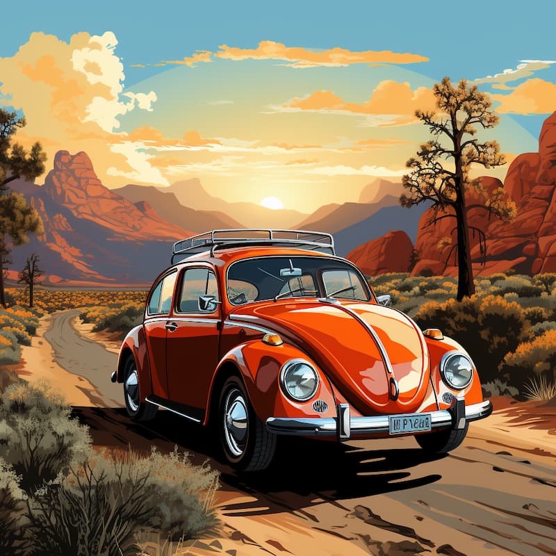 Paint by numbers artwork of a vintage red car on a desert road with rocky mountains, sunset sky, and wild landscape in a retro travel style.