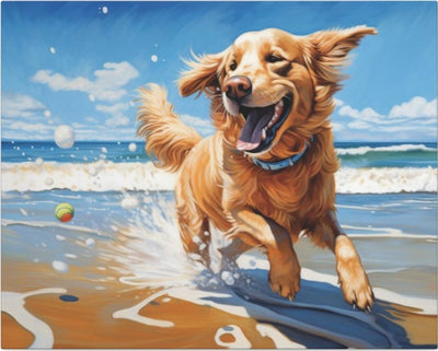 Painting of a golden retriever running on a beach with a ball in the air.