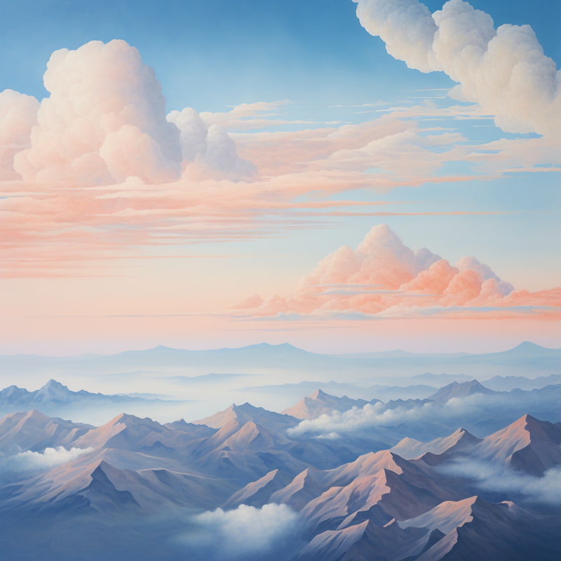 Misty mountain peaks under a pastel pink and blue sky with soft glowing clouds.