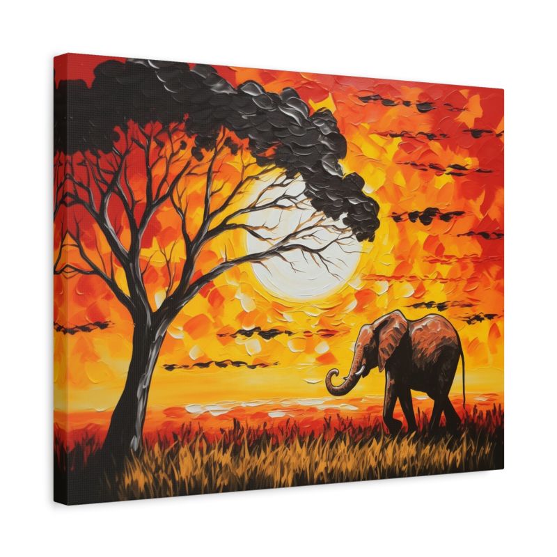 Paint by Numbers kit featuring an African elephant walking under an acacia tree at sunset, with bold orange, red, and yellow sky shown in a frame
