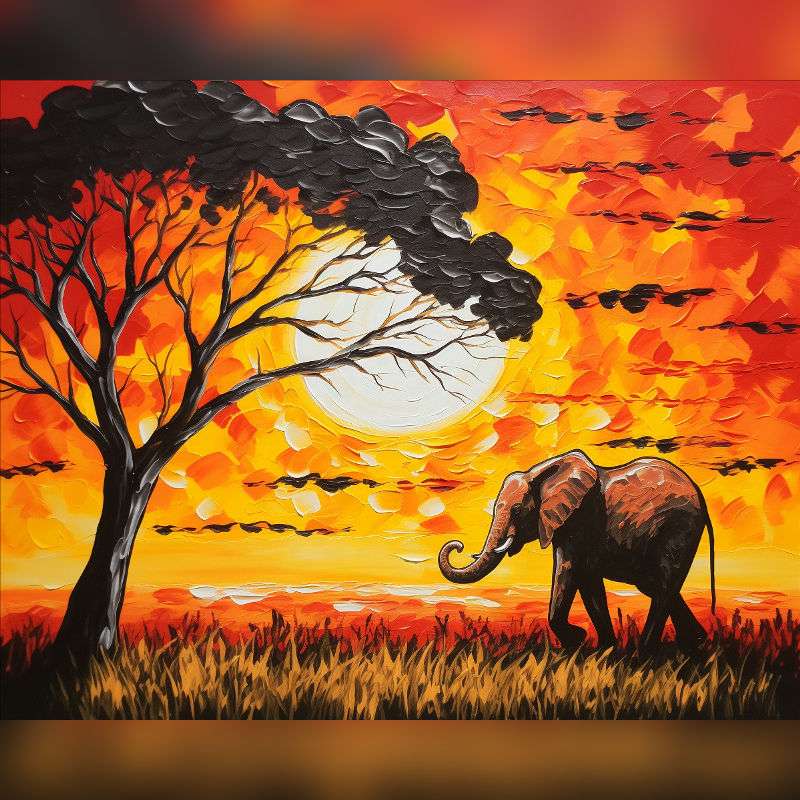 Paint by Numbers kit featuring an African elephant walking under an acacia tree at sunset, with bold orange, red, and yellow sky