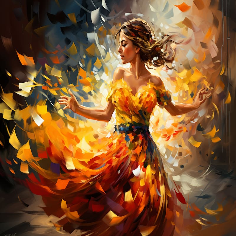 Paint by numbers artwork of a woman dancing in a fiery flowing dress with vibrant yellow, orange, and red brushstrokes swirling around her in an expressive abstract style