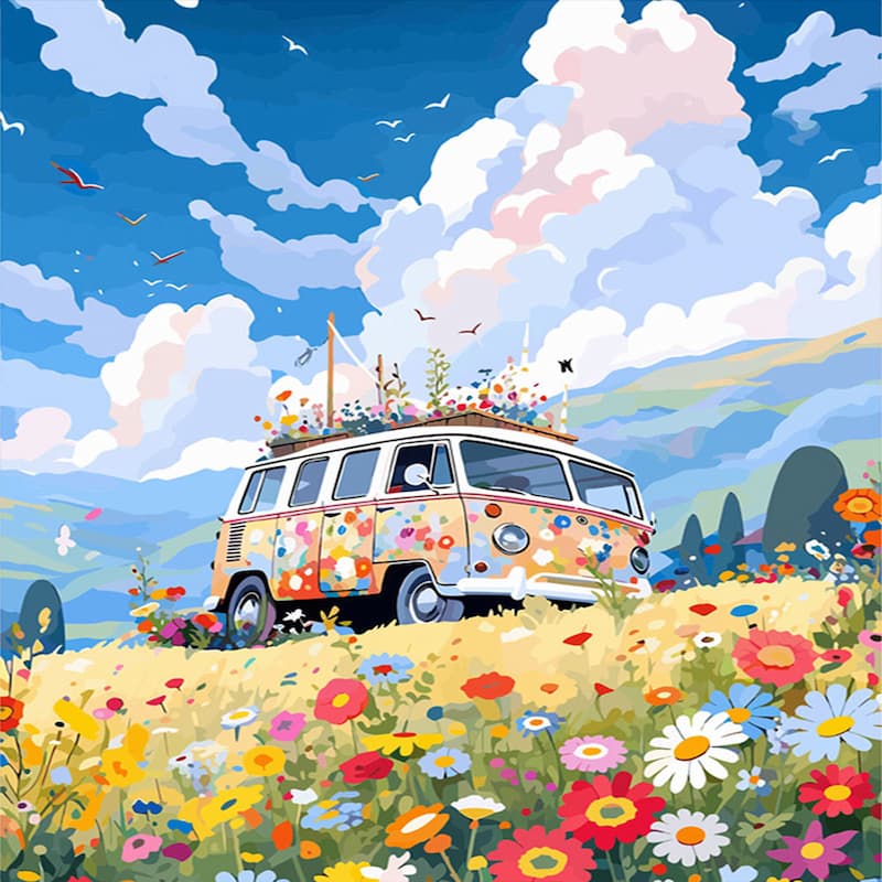 flower-camper-paint-by-numbers-with a vibrant floral van surrounded by wildflowers under a bright blue sky.
