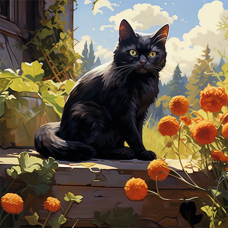 Paint by numbers artwork of a black cat sitting in a sunlit garden with bright orange marigold flowers and green foliage in the background