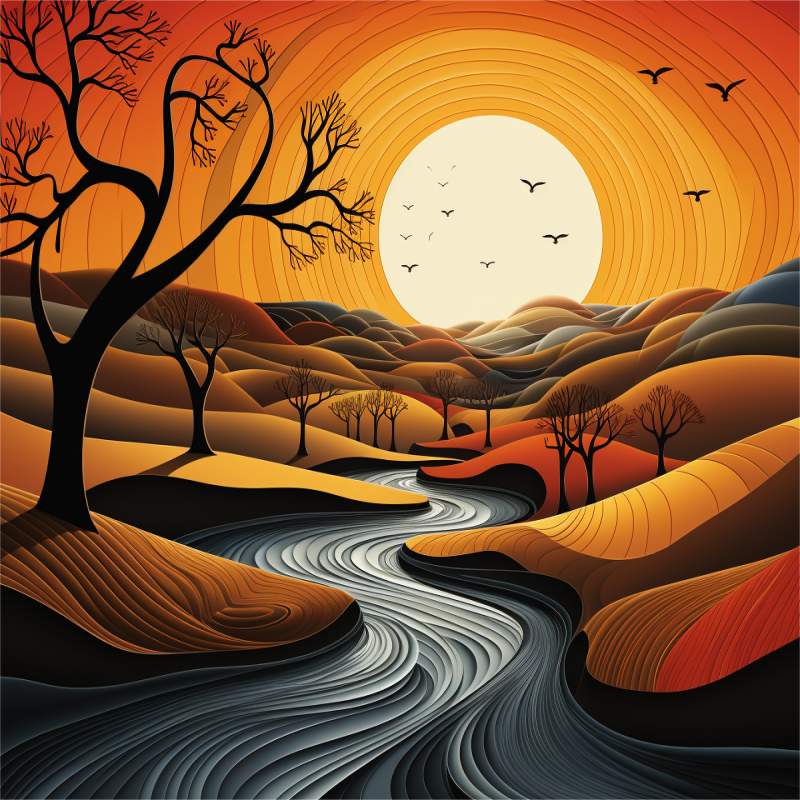 Paint by numbers kit of a golden sunset over rolling hills with a winding river and silhouetted trees.