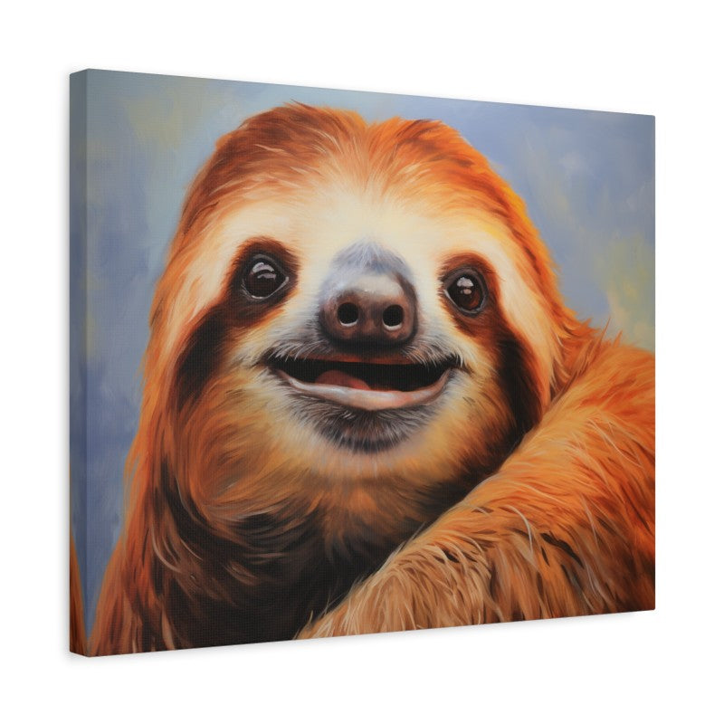 Paint by numbers of a smiling sloth with orange-brown fur and realistic details, perfect for animal art lovers shown in a frame.