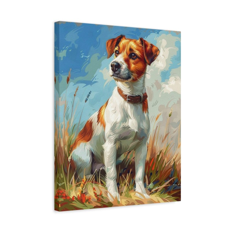 Jack Russell Terrier sitting in a meadow with blue sky background – paint by numbers kit for dog lovers shown in a frame