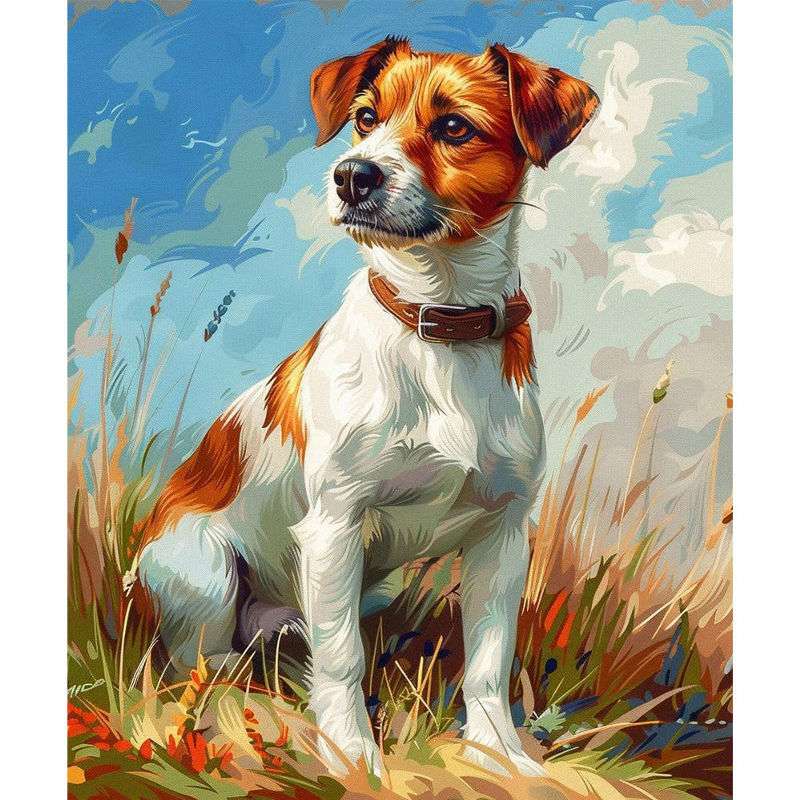 Jack Russell Terrier sitting in a meadow with blue sky background – paint by numbers kit for dog lovers