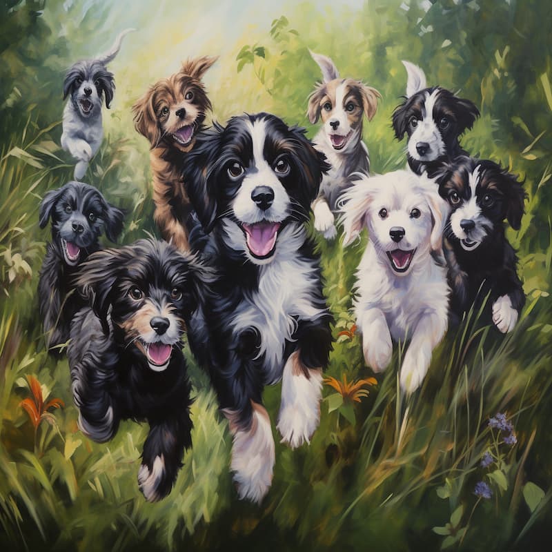 A group of playful puppies running joyfully through a grassy meadow with bright sunlight behind them.
