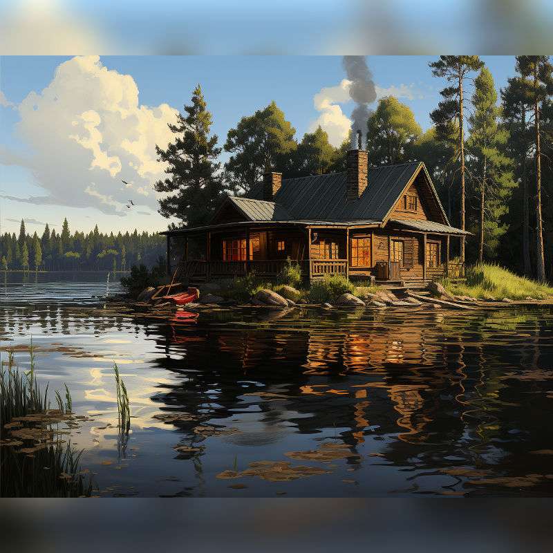 Paint by numbers of a cozy wooden cabin by a calm lake, surrounded by pine trees with warm glowing lights and reflections on the water.