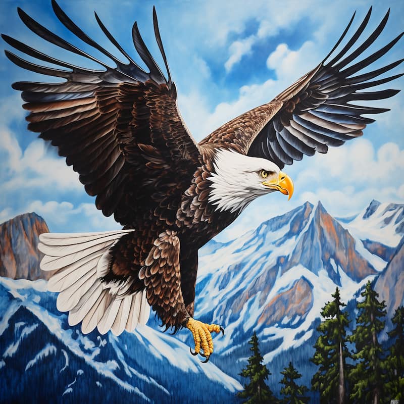 Paint by numbers artwork of a bald eagle soaring over snow-capped mountains with wings spread wide, symbolizing freedom and strength