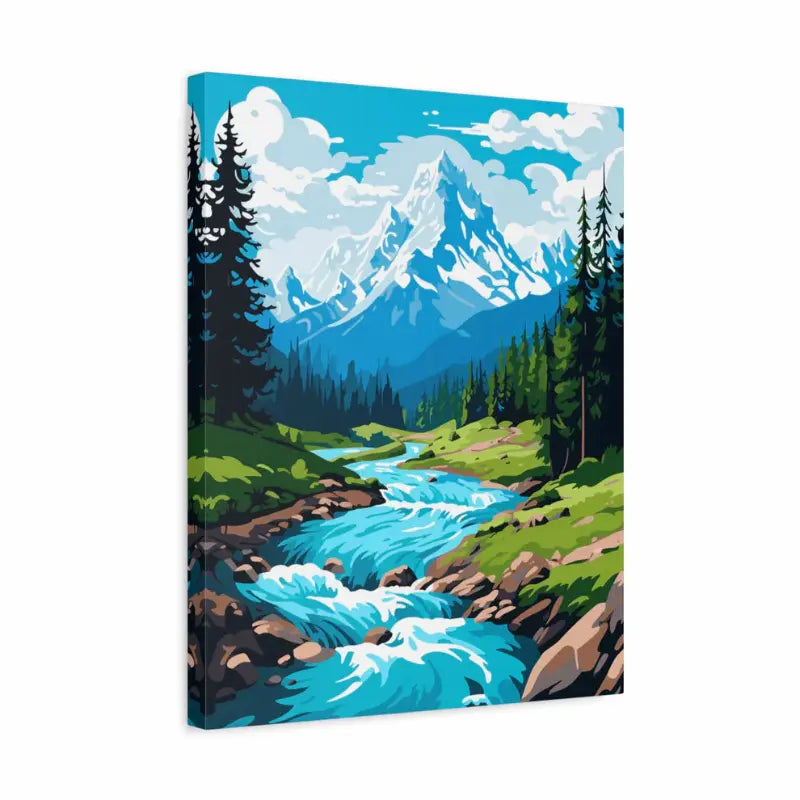Morning Flow paint by numbers kit in a frame featuring a mountain stream, pine forest, and sunrise colors.