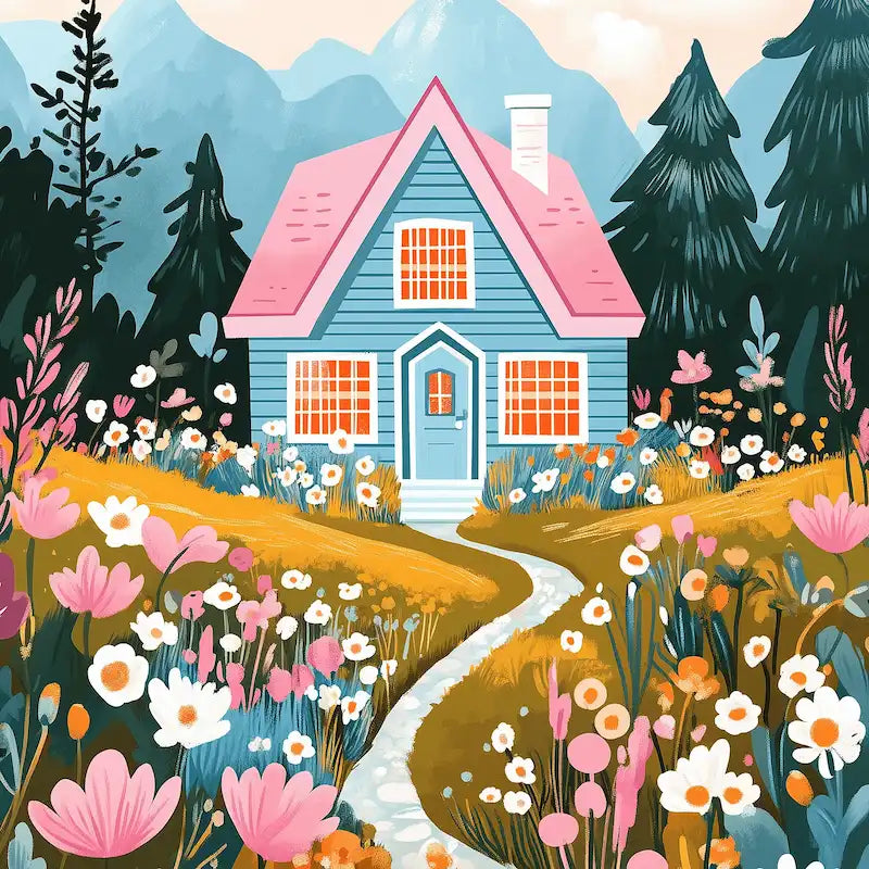 Charming blue cottage with pink roof surrounded by colorful wildflowers and forest, paint by numbers.