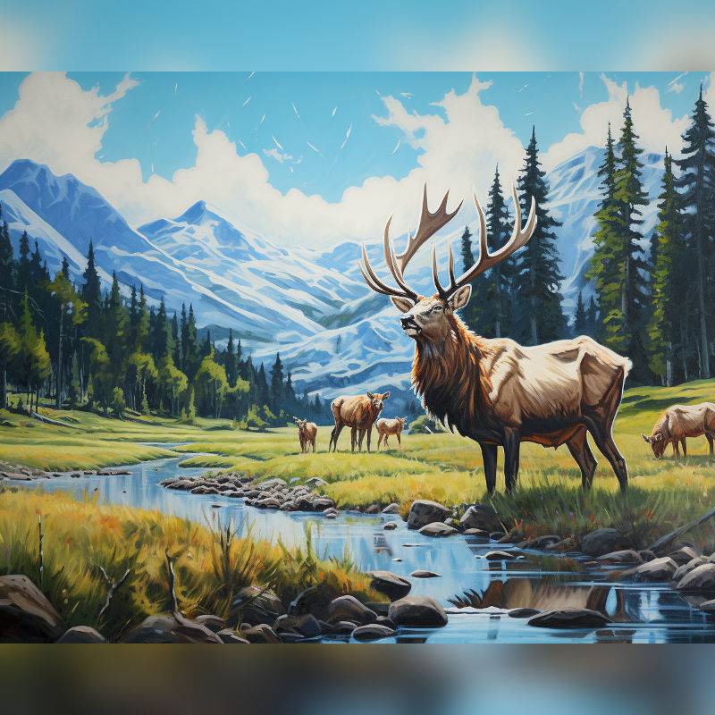 Paint by numbers artwork of a majestic elk with large antlers standing near a river in a mountain valley with snow-capped peaks and forest in the background
