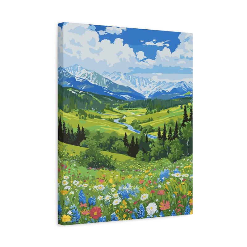 Paint by numbers kit featuring a colorful wildflower valley, winding river, and snow-capped mountains under a blue sky with clouds shown in a frame