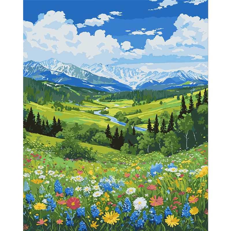 Paint by numbers kit featuring a colorful wildflower valley, winding river, and snow-capped mountains under a blue sky with clouds.