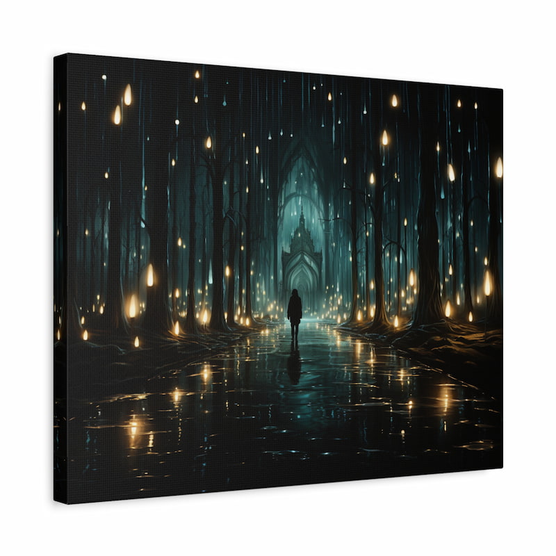 Paint by numbers artwork of a lone traveller walking through a glowing mystical forest with hanging lights and a gothic gate in the distance shown in a frame