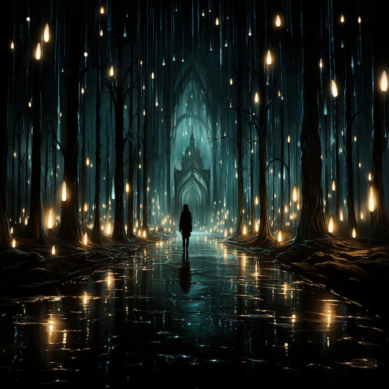Paint by numbers artwork of a lone traveller walking through a glowing mystical forest with hanging lights and a gothic gate in the distance