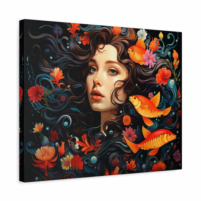 Paint by numbers artwork of a surreal woman with flowing dark hair blending into ocean waves, surrounded by goldfish and vibrant flowers in a fantasy aquatic style shown in a frame.