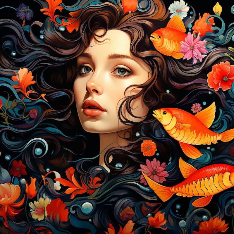 Paint by numbers artwork of a surreal woman with flowing dark hair blending into ocean waves, surrounded by goldfish and vibrant flowers in a fantasy aquatic style.