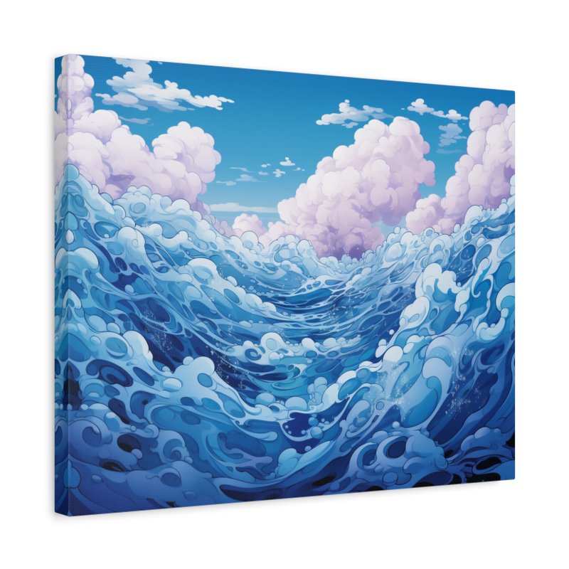 Paint by numbers of powerful rolling ocean waves in vivid shades of blue under a bright sky with fluffy pink and white clouds shown in a frame