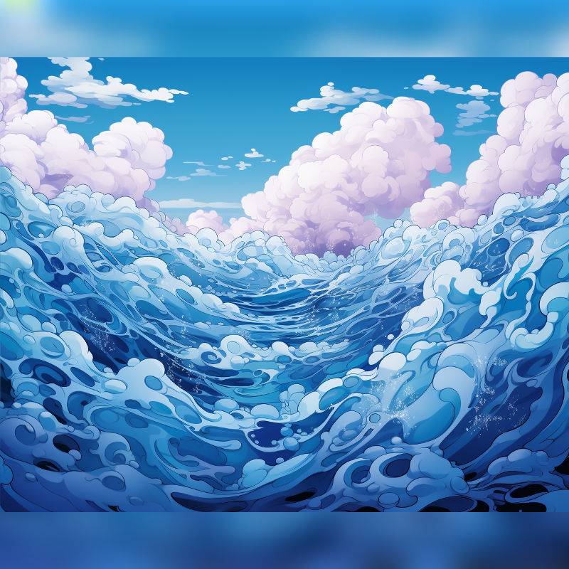 Paint by numbers of powerful rolling ocean waves in vivid shades of blue under a bright sky with fluffy pink and white clouds.