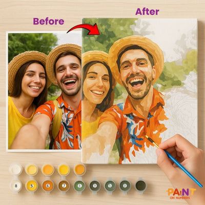 Before and after comparison of a photo being painted with watercolors on a wooden surface.