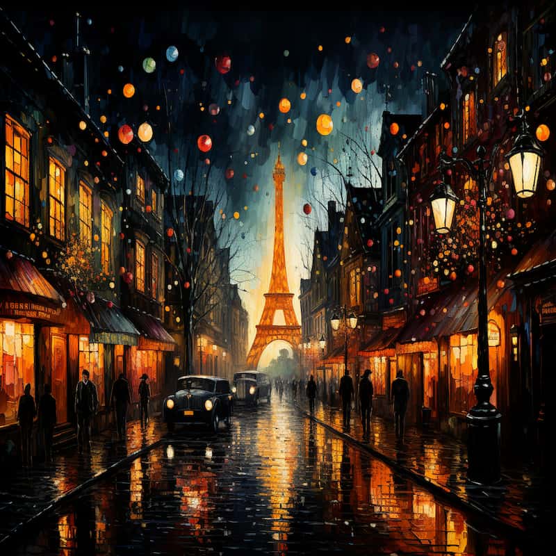 Paint by numbers of the Eiffel Tower glowing over a rainy Paris street at night.