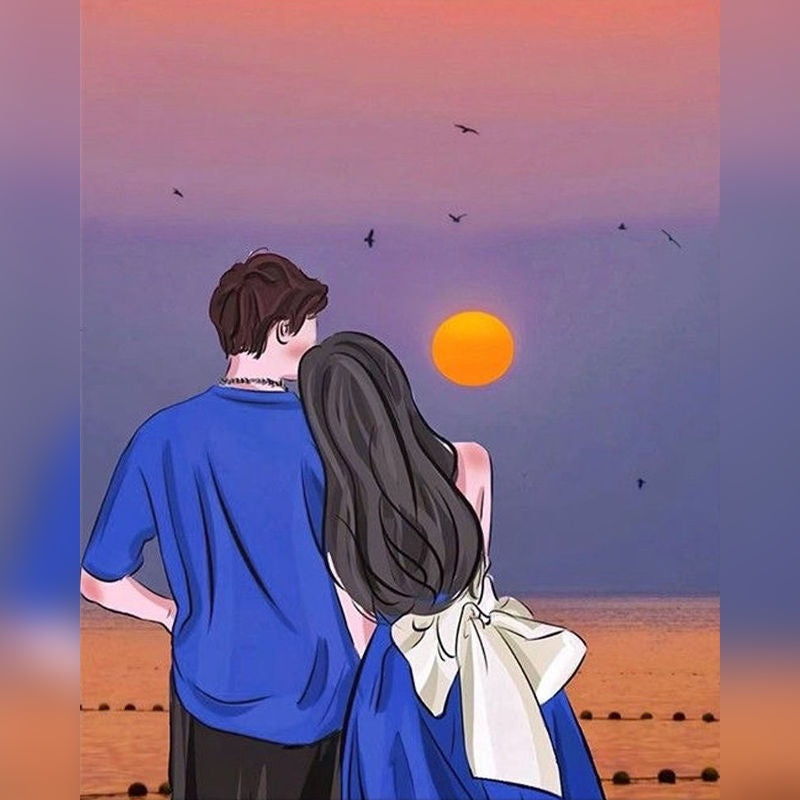 Couple in blue outfits watching sunset over ocean β paint by numbers artwork.