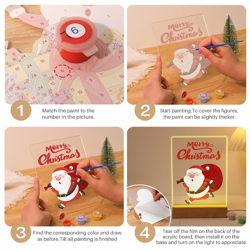 Step-by-step guide to painting a Christmas-themed light-up board with Santa Claus.